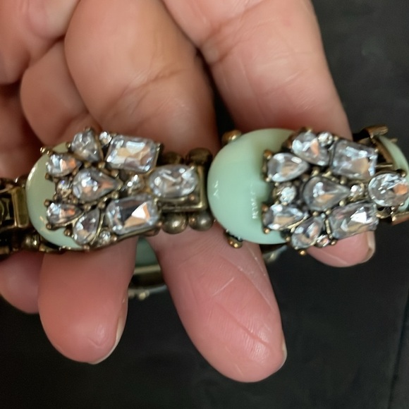 Vintage glass mint cabs clear crystals brass stretch Bracelet - Picture 2 of 6